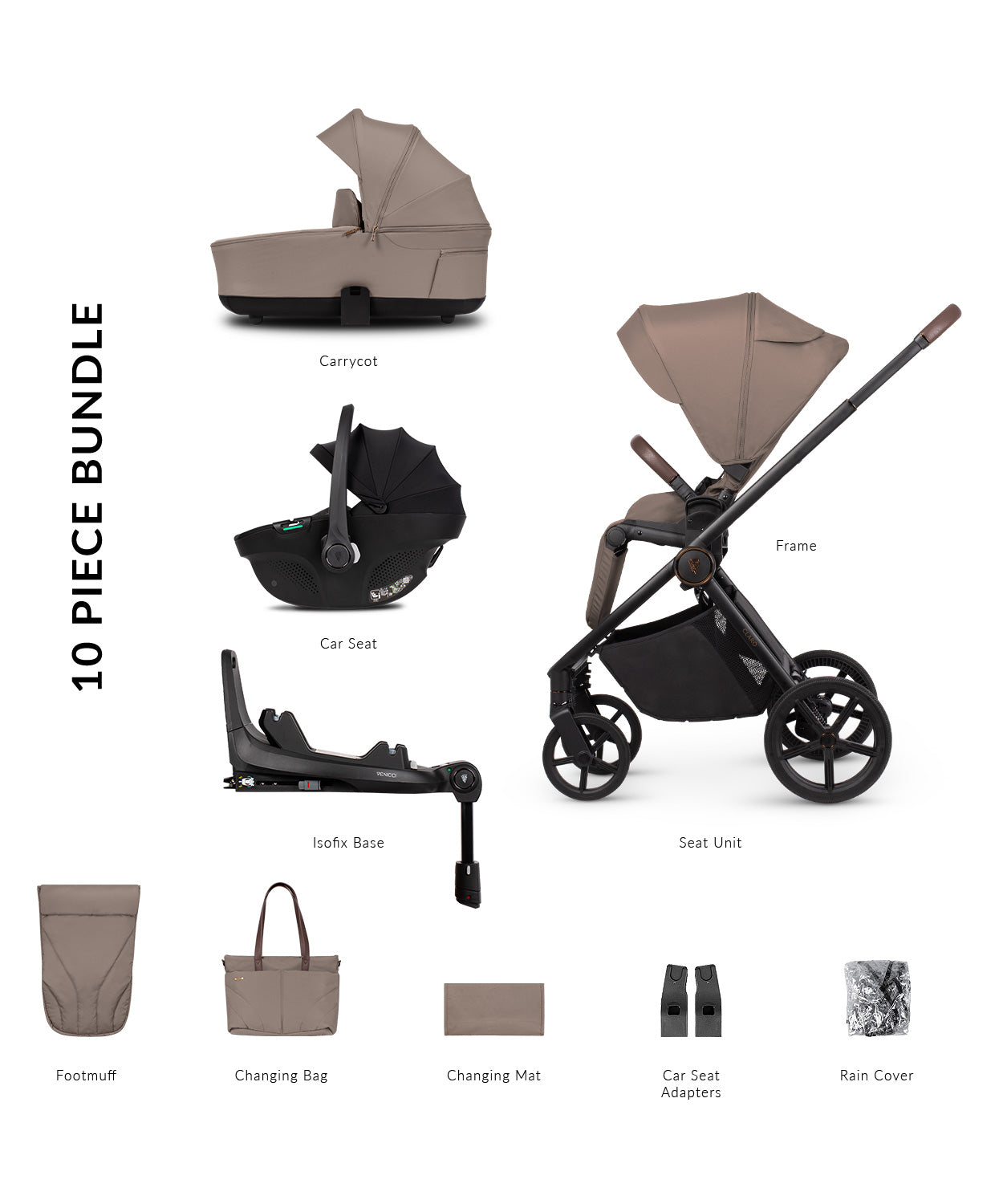 Venicci Claro Pram 3IN1 + Base (10 Piece Bundle)