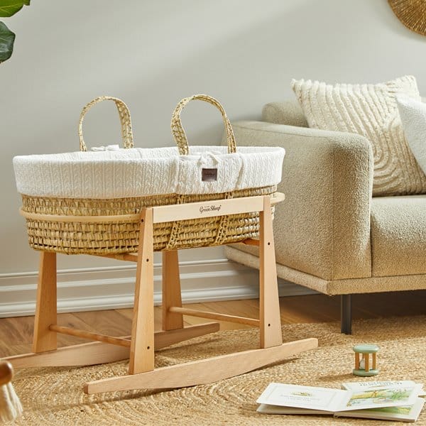 The Little Green Sheep Organic Knitted Moses Basket, Mattress & Natural Rocking Stand