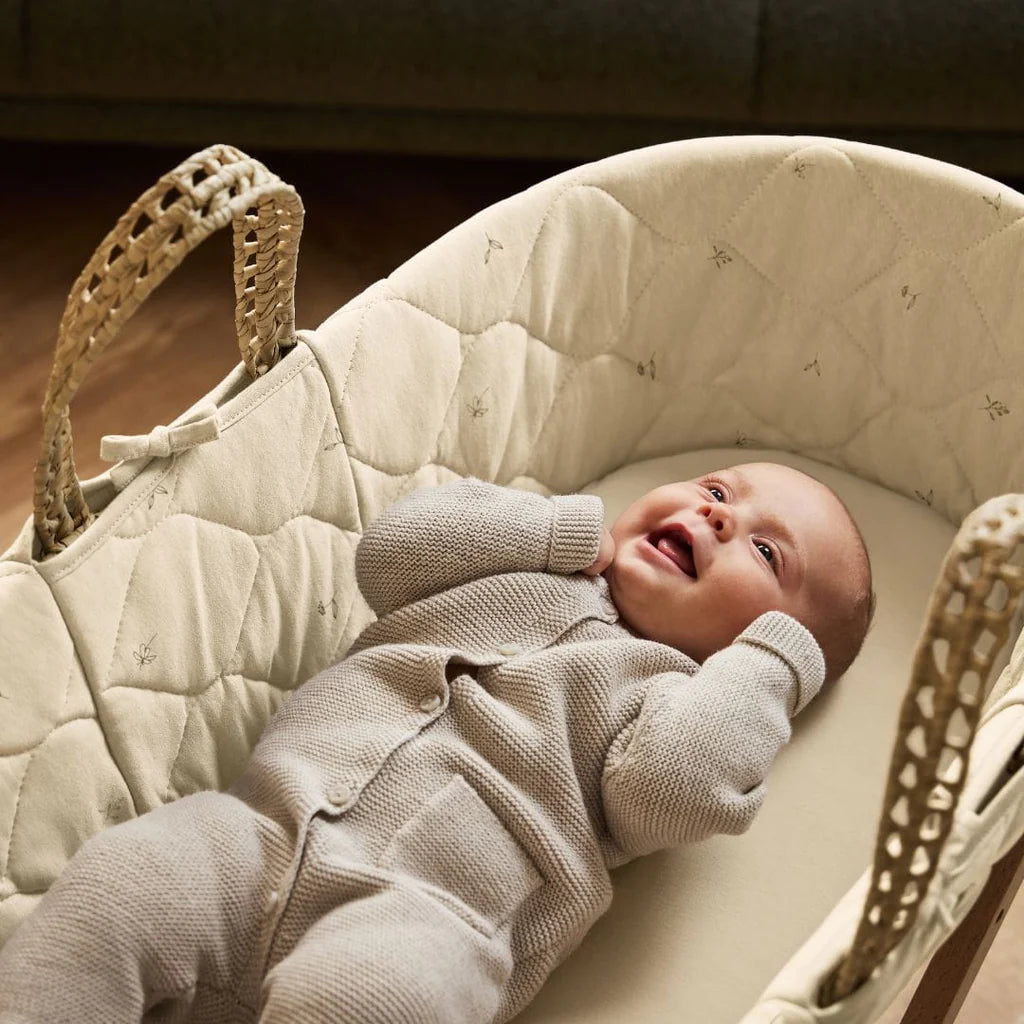 The Little Green Sheep Pattern Quilt Moses Basket, Mattress & Walnut Rocking Stand