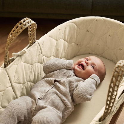 The Little Green Sheep Pattern Quilt Moses Basket, Mattress & Walnut Rocking Stand