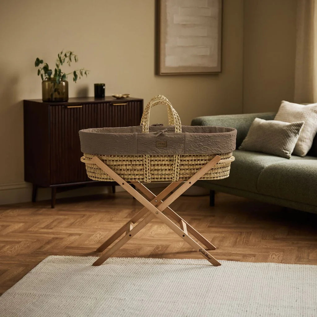 The Little Green Sheep Organic Knitted Moses Basket, Mattress & Natural Foldable Stand Linen