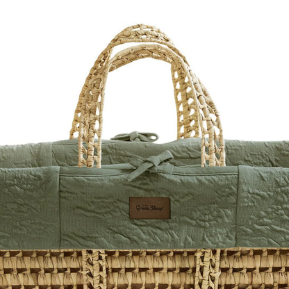 The Little Green Sheep Organic Knitted Moses Basket, Mattress & Natural Foldable Stand Linen