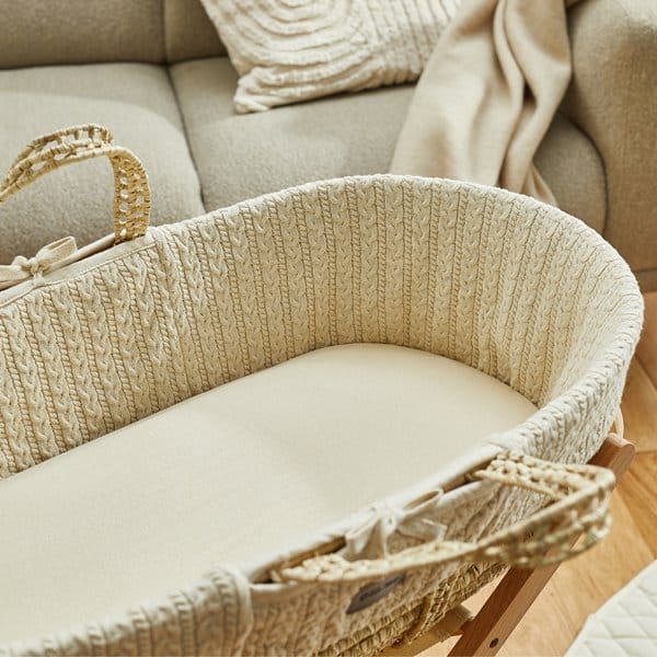 The Little Green Sheep Organic Knitted Moses Basket, Mattress & Natural Foldable Stand Linen