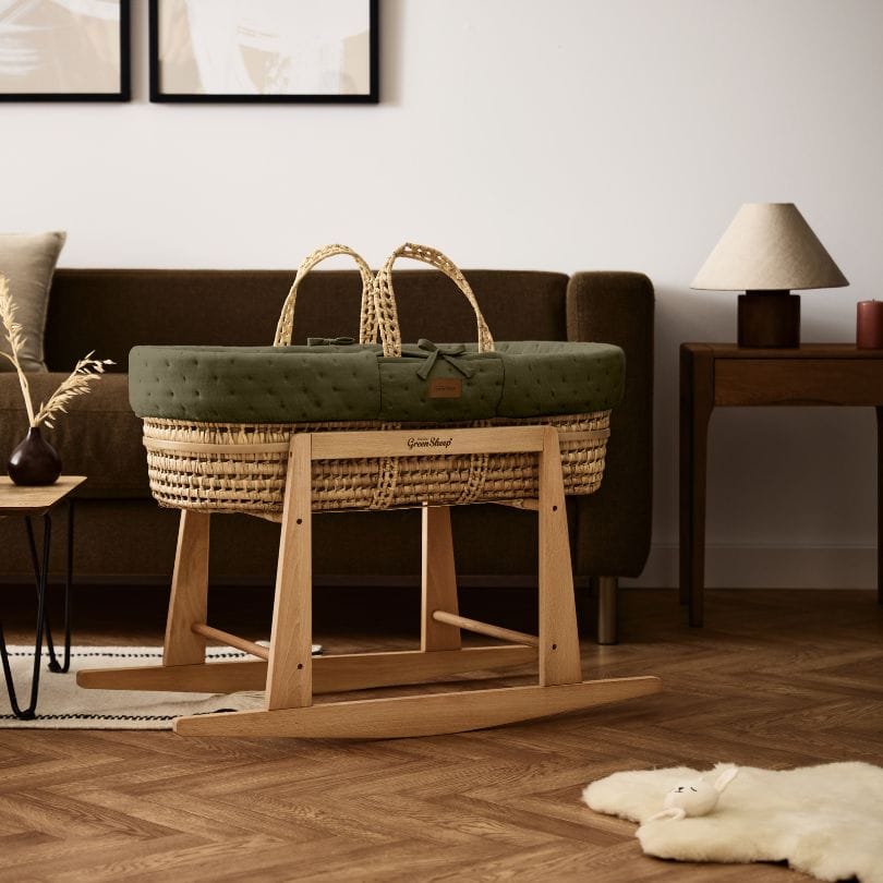 The Little Green Sheep Dimple Quilted Moses Basket, Mattress & Natural Rocking Stand