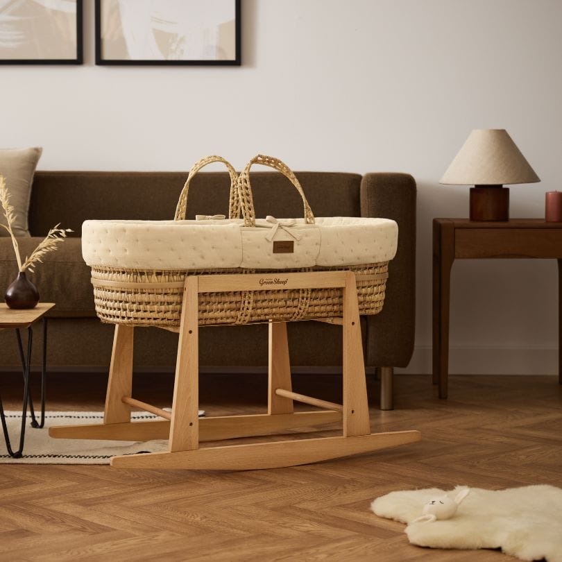 The Little Green Sheep Dimple Quilted Moses Basket, Mattress & Natural Rocking Stand