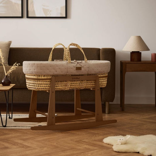 The Little Green Sheep Dimple Quilted Moses Basket, Mattress & Walnut Rocking Stand