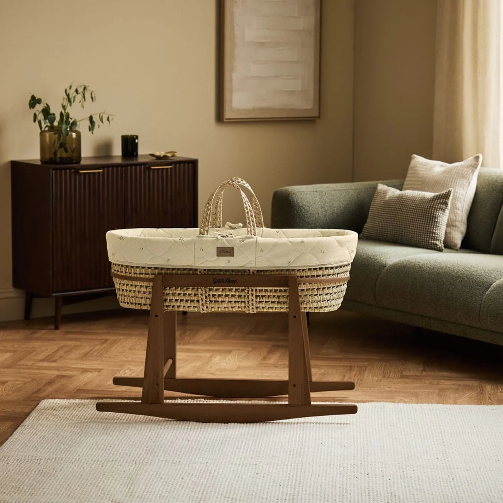 The Little Green Sheep Pattern Quilt Moses Basket, Mattress & Walnut Rocking Stand