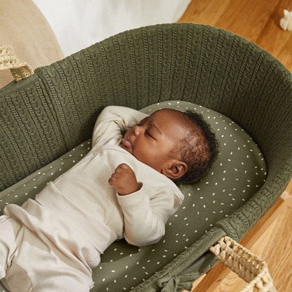 The Little Green Sheep Organic Knitted Moses Basket, Mattress & Natural Rocking Stand