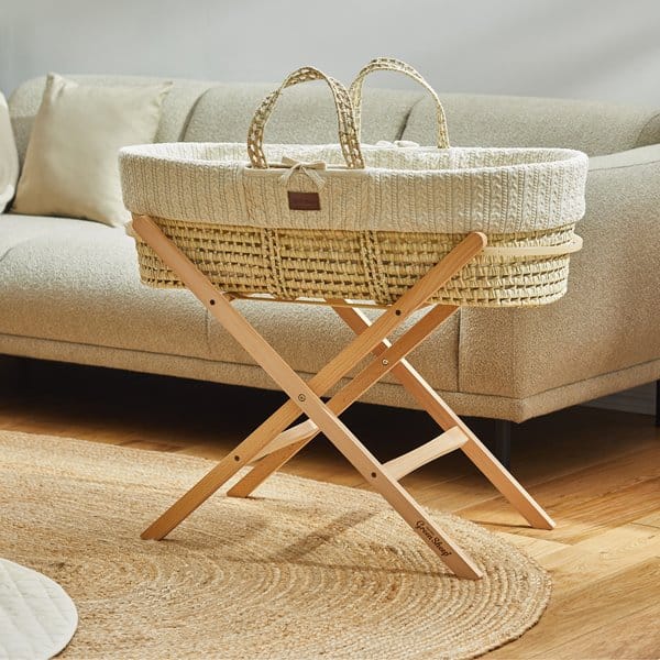 The Little Green Sheep Organic Knitted Moses Basket, Mattress & Natural Foldable Stand Linen