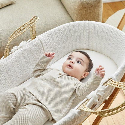 The Little Green Sheep Organic Knitted Moses Basket, Mattress & Natural Rocking Stand