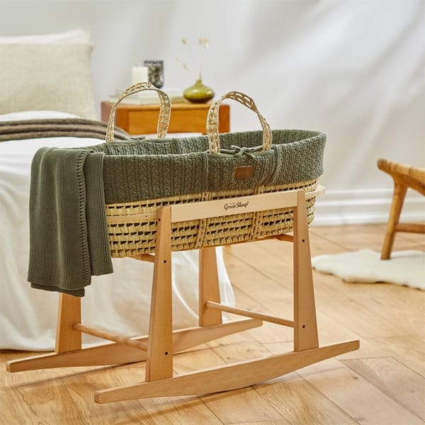 The Little Green Sheep Organic Knitted Moses Basket, Mattress & Natural Rocking Stand
