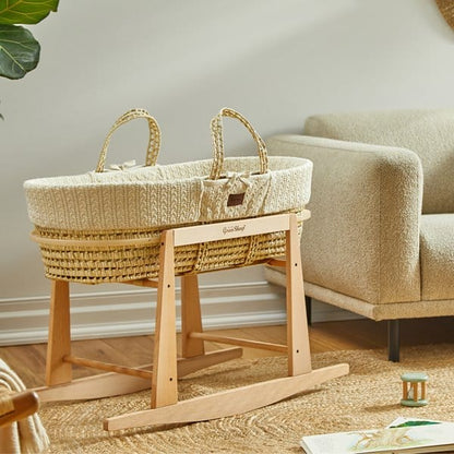 The Little Green Sheep Organic Knitted Moses Basket, Mattress & Natural Rocking Stand