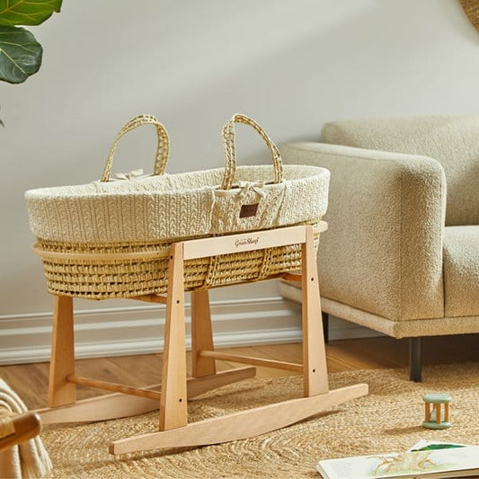 The Little Green Sheep Organic Knitted Moses Basket, Mattress & Natural Rocking Stand