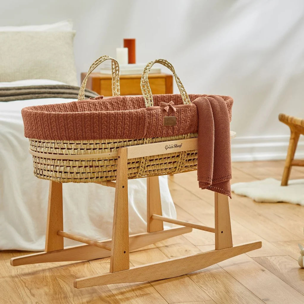 The Little Green Sheep Organic Knitted Moses Basket, Mattress & Natural Rocking Stand