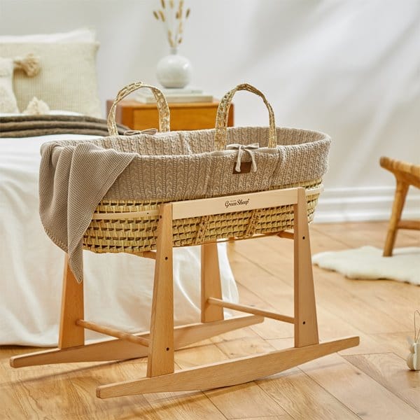The Little Green Sheep Organic Knitted Moses Basket, Mattress & Natural Rocking Stand