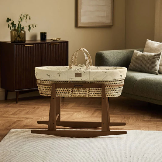 The Little Green Sheep Pattern Quilt Moses Basket, Mattress & Walnut Rocking Stand